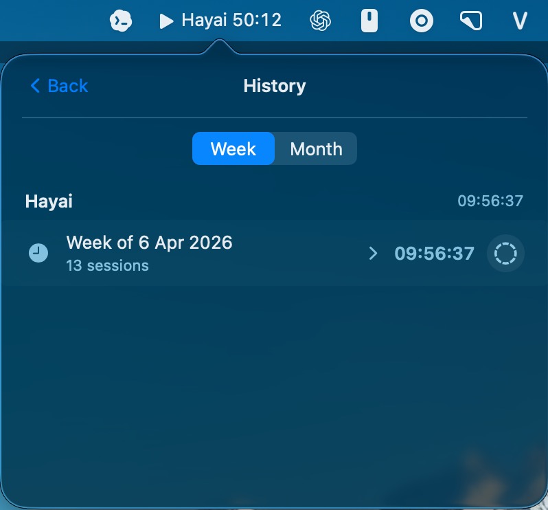 Clocker history screen showing week and month tabs with a weekly summary