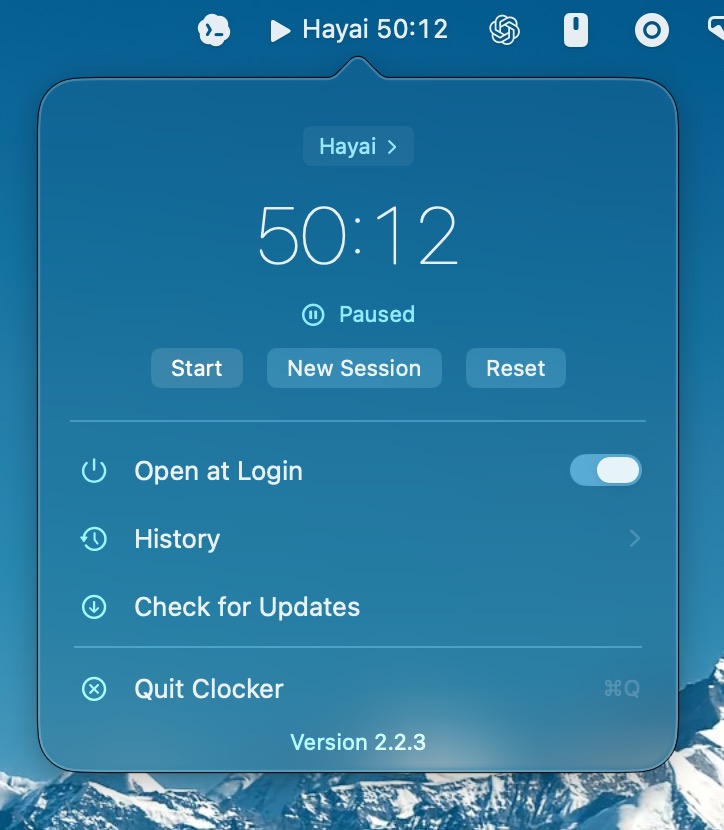 Clocker popover showing the timer, project switcher, and menu actions